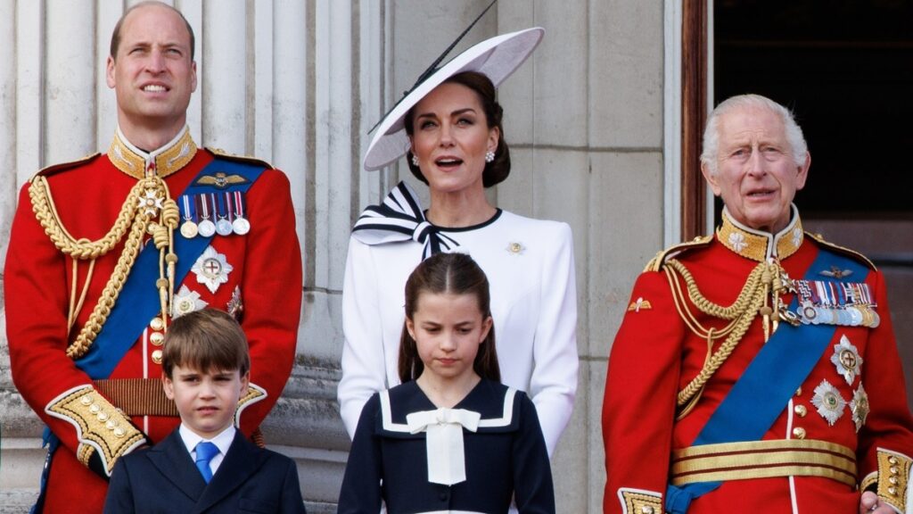 Britain's William Prince of Wales, Prince Louis, Princess Charlotte, Catherine Princess of Wales and King Charles III.