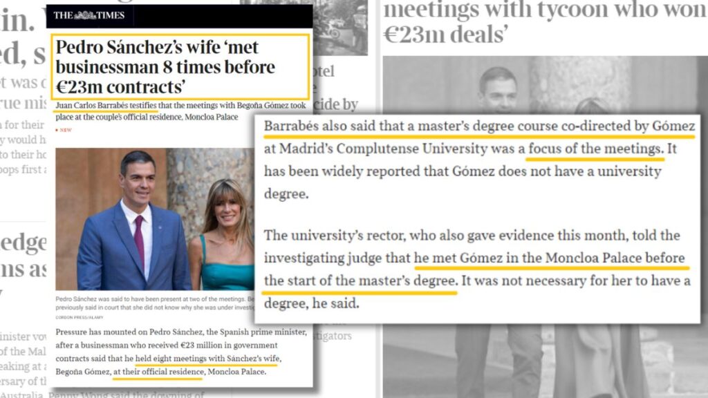 'The Times' se hace eco de las reuniones de Carlos Barrabés con Begoña Gómez en Moncloa