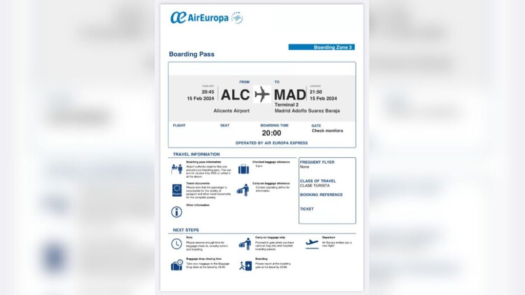 Ejemplo de documentación de vuelo de la compañía Air Europa