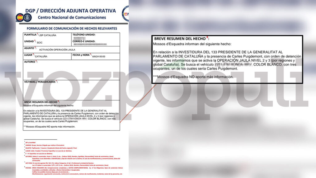 El documento que difundió la Policía para detener a Puigdemont: "Mossos no aporta más información"