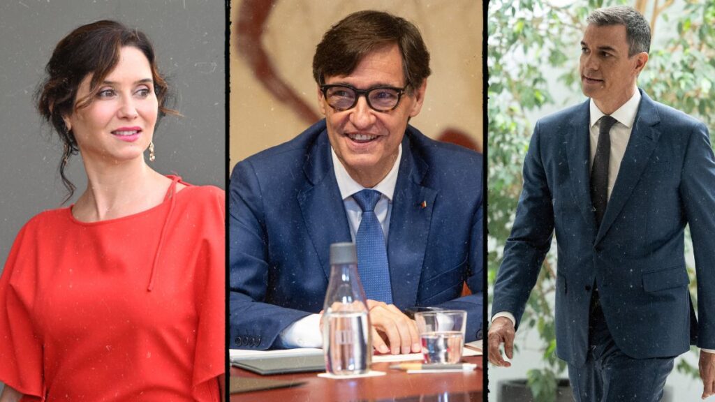 Montaje de Isabel Díaz Ayuso, Salvador Illa y Pedro Sánchez