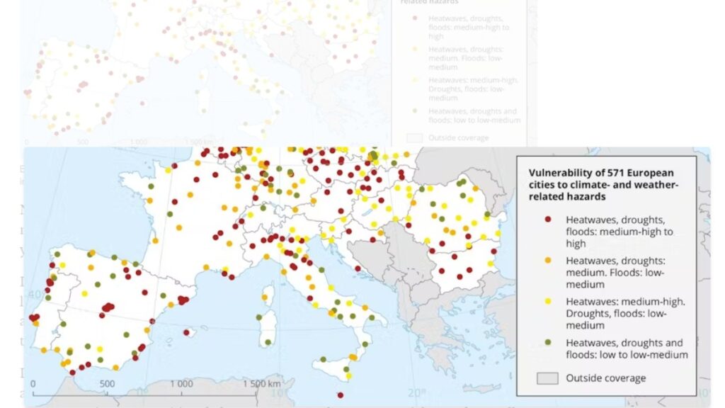 El mapa muestra la vulnerabilidad de las ciudades europeas (seleccionadas) a los riesgos climáticos: olas de calor, sequías e inundaciones. Estudio: Vulnerabilidad de 571 ciudades europeas a los riesgos relacionados con el clima y el tiempo