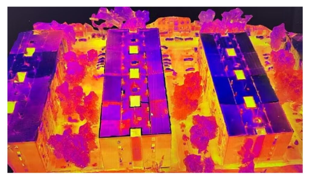 Termografía del caso de estudio del proyecto ubicado en Orcasur (barrio de Madrid) tomada mediante drones por los investigadores del Proyecto MateMAD