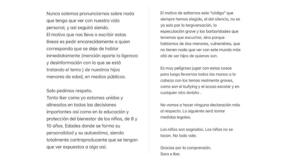 Comunicado de Iker Casillas y Sara Carbonero sobre sus hijos