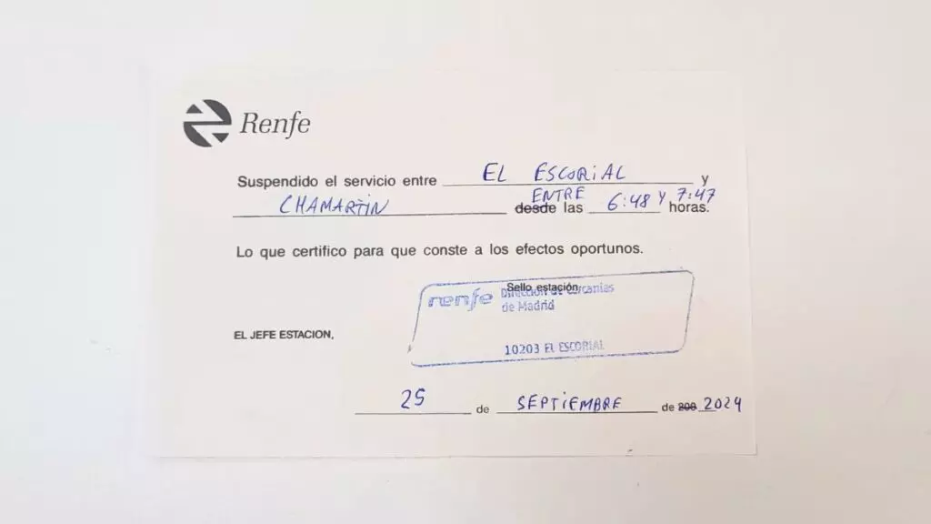 Justificante por retrasos en Cercanías Madrid