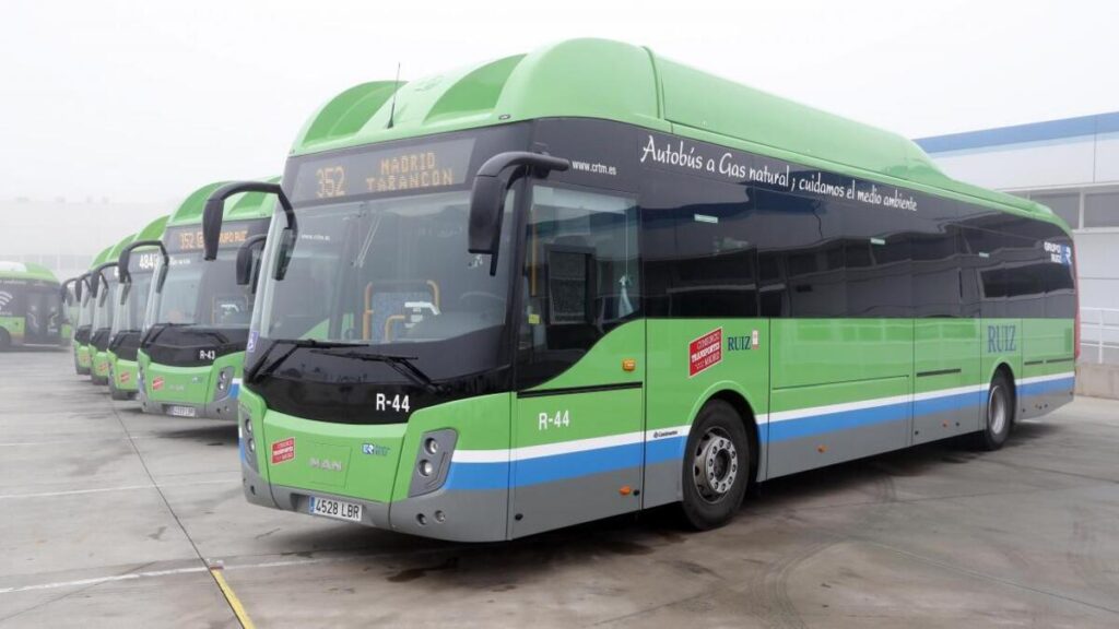 Imagen de varios autobuses interurbanos en un parking.