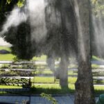 Un operario fumiga unos jardines