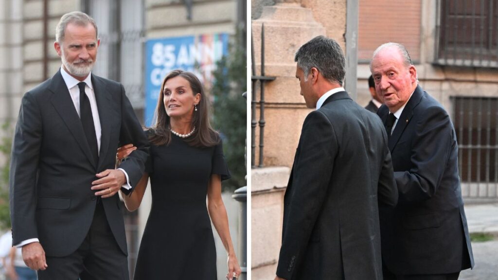 Los reyes Felipe y Letizia y Juan Carlos I, en el funeral de Juan Gómez-Acebo