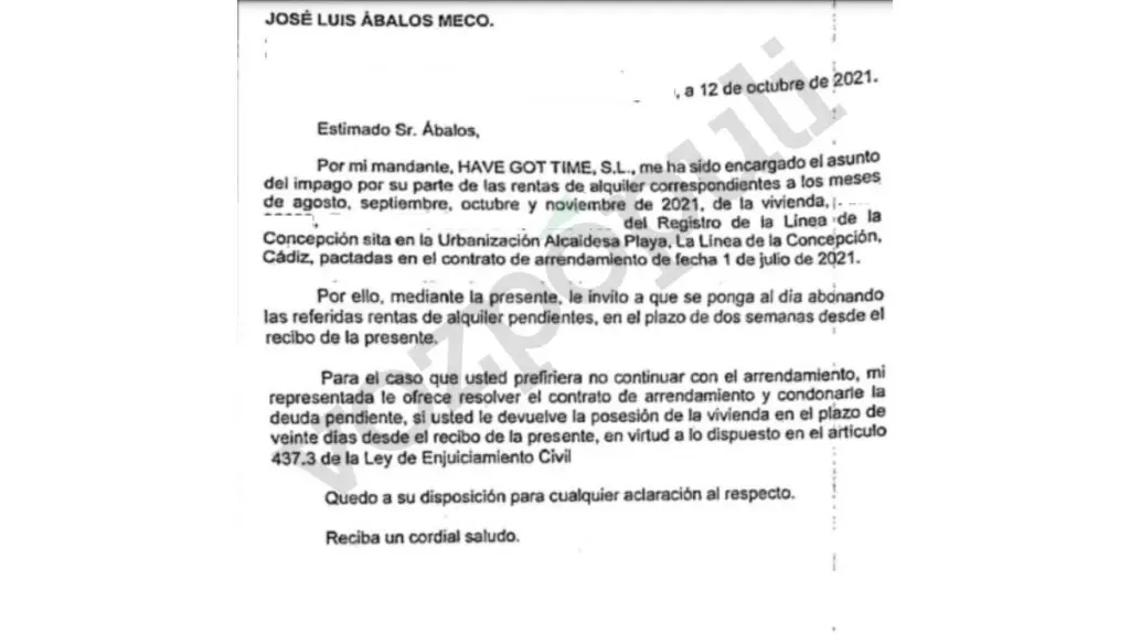 Burofax enviado por la empresa Have Got Time SL a José Luis Ábalos